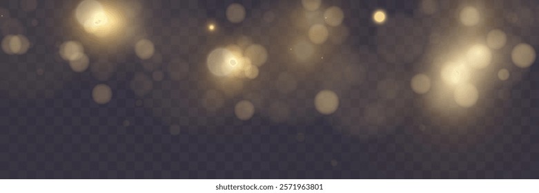 Bokeh background with soft golden light orbs on transparent grid, ideal for overlays and graphic design.
