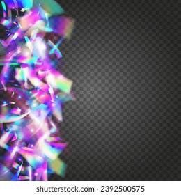 Bokeh Background. Transparent Glitter. Retro Celebrate Illustration. Kaleidoscope Tinsel. Glitter Art. Party Element. Violet Shiny Confetti. Flying Foil. Blue Bokeh Background