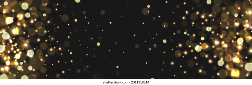 Fondo negro bokeh. Luces y destellos desenfocados por el oro. Elementos borrosos de Navidad. Lujo de brillo. Partículas festivas sobre fondo oscuro. Ilustración vectorial.