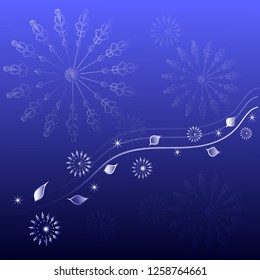 bokeh blue background with snowflakes and leaves