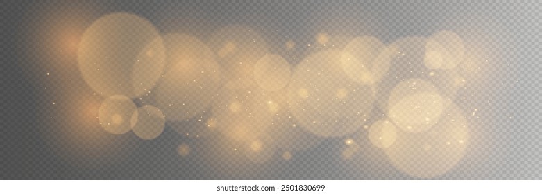 Bokeh blurry sparks and golden stars sparkle with a special light. on a transparent background, illustration.