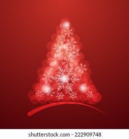 Bokeh Christmas Tree with Snow Flake on Red Background Vector