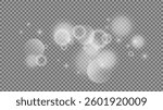 Bokeh circles on transparent background. White shining dust, flare sparkles and bokeh lights. Vector illustration