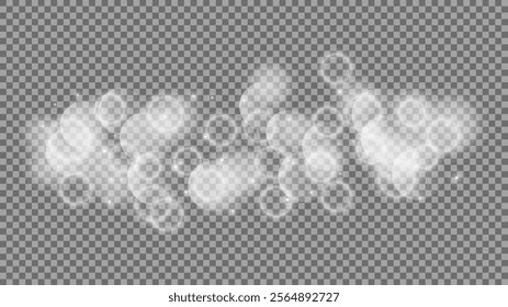 Bokeh circles on transparent background. White shining dust, flare sparkles and bokeh lights. Vector illustration