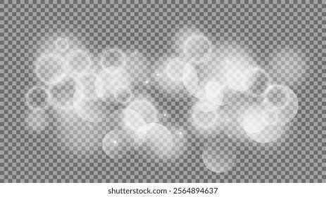 Bokeh circles on transparent background. White shining dust, flare sparkles and bokeh lights. Vector illustration