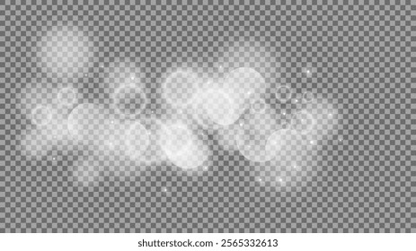 Bokeh circles on transparent background. White shining dust, flare sparkles and bokeh lights. Vector illustration