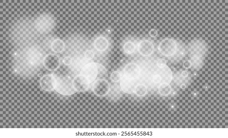 Bokeh circles on transparent background. White shining dust, flare sparkles and bokeh lights. Vector illustration