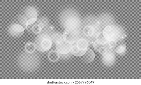 Bokeh circles on transparent background. White shining dust, flare sparkles and bokeh lights. Vector illustration