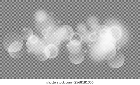 Bokeh circles on transparent background. White shining dust, flare sparkles and bokeh lights. Vector illustration