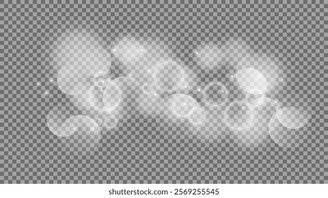 Bokeh circles on transparent background. White shining dust, flare sparkles and bokeh lights. Vector illustration