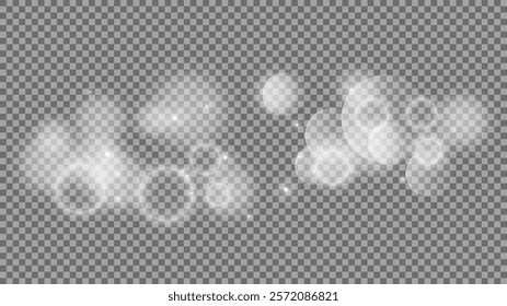 Bokeh circles on transparent background. White shining dust, flare sparkles and bokeh lights. Vector illustration