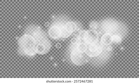 Bokeh circles on transparent background. White shining dust, flare sparkles and bokeh lights. Vector illustration