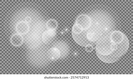 Bokeh circles on transparent background. White shining dust, flare sparkles and bokeh lights. Vector illustration
