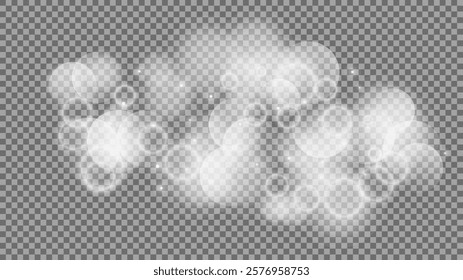 Bokeh circles on transparent background. White shining dust, flare sparkles and bokeh lights. Vector illustration