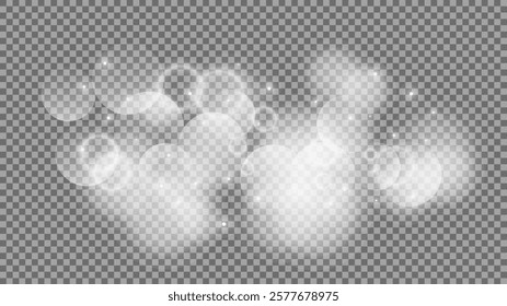 Bokeh circles on transparent background. White shining dust, flare sparkles and bokeh lights. Vector illustration