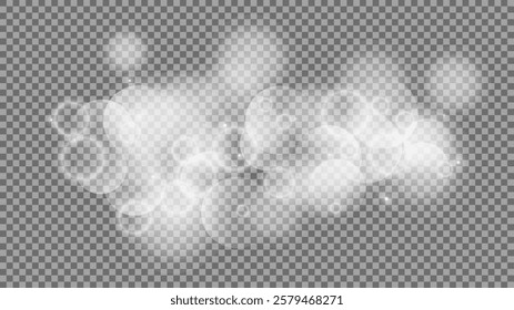 Bokeh circles on transparent background. White shining dust, flare sparkles and bokeh lights. Vector illustration