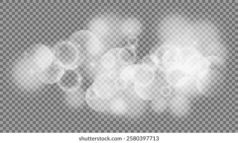 Bokeh circles on transparent background. White shining dust, flare sparkles and bokeh lights. Vector illustration