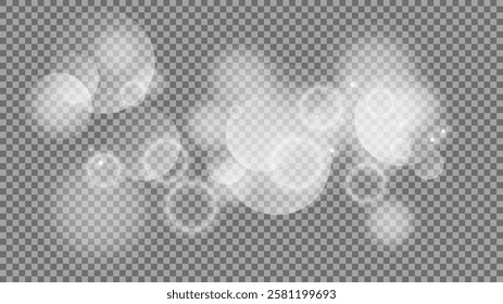 Bokeh circles on transparent background. White shining dust, flare sparkles and bokeh lights. Vector illustration