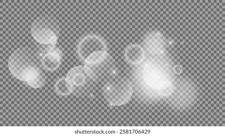 Bokeh circles on transparent background. White shining dust, flare sparkles and bokeh lights. Vector illustration