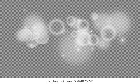 Bokeh circles on transparent background. White shining dust, flare sparkles and bokeh lights. Vector illustration