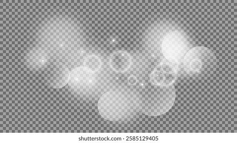 Bokeh circles on transparent background. White shining dust, flare sparkles and bokeh lights. Vector illustration