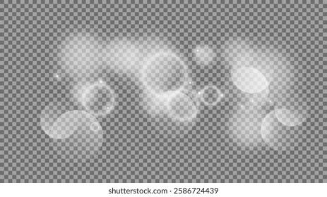 Bokeh circles on transparent background. White shining dust, flare sparkles and bokeh lights. Vector illustration