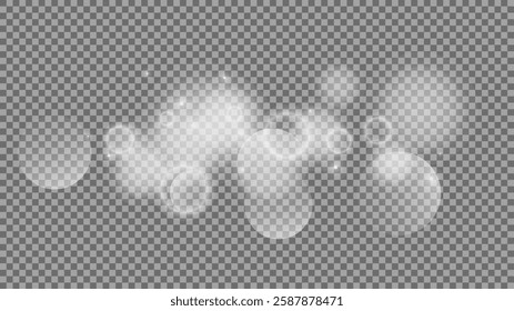 Bokeh circles on transparent background. White shining dust, flare sparkles and bokeh lights. Vector illustration