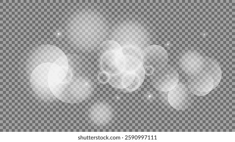 Bokeh circles on transparent background. White shining dust, flare sparkles and bokeh lights. Vector illustration