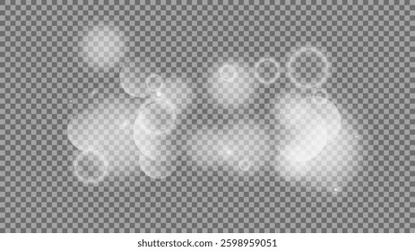 Bokeh circles on transparent background. White shining dust, flare sparkles and bokeh lights. Vector illustration