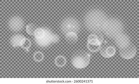 Bokeh circles on transparent background. White shining dust, flare sparkles and bokeh lights. Vector illustration