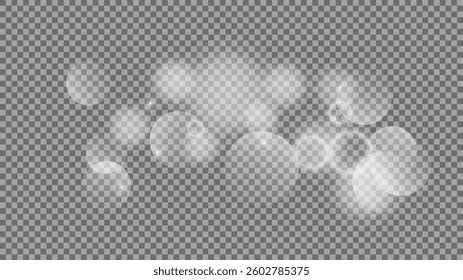 Bokeh circles on transparent background. White shining dust, flare sparkles and bokeh lights. Vector illustration