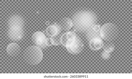Bokeh circles on transparent background. White shining dust, flare sparkles and bokeh lights. Vector illustration