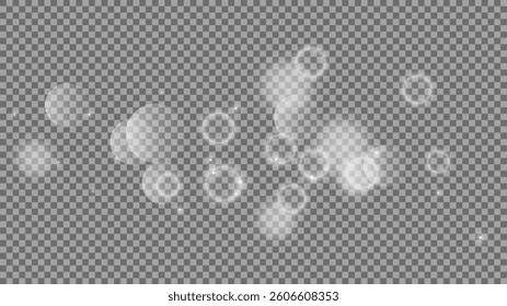 Bokeh circles on transparent background. White shining dust, flare sparkles and bokeh lights. Vector illustration