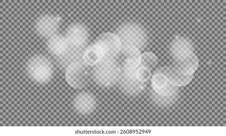 Bokeh circles on transparent background. White shining dust, flare sparkles and bokeh lights. Vector illustration
