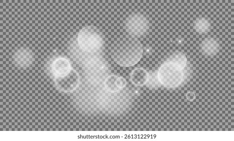 Bokeh circles on transparent background. White shining dust, flare sparkles and bokeh lights. Vector illustration