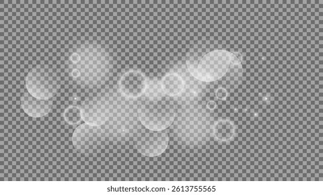 Bokeh circles on transparent background. White shining dust, flare sparkles and bokeh lights. Vector illustration