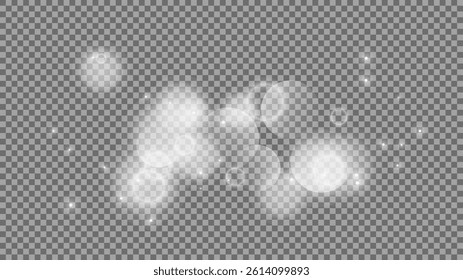 Bokeh circles on transparent background. White shining dust, flare sparkles and bokeh lights. Vector illustration