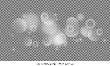 Bokeh circles on transparent background. White shining dust, flare sparkles and bokeh lights. Vector illustration