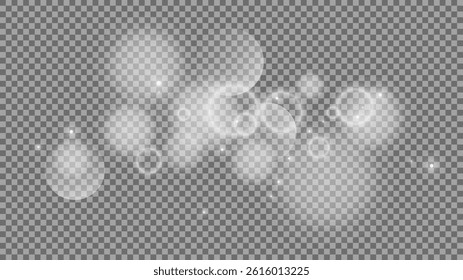 Bokeh circles on transparent background. White shining dust, flare sparkles and bokeh lights. Vector illustration