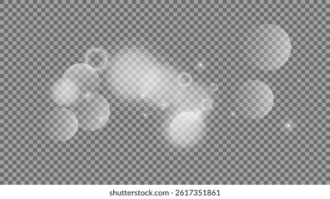 Bokeh circles on transparent background. White shining dust, flare sparkles and bokeh lights. Vector illustration