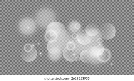 Bokeh circles on transparent background. White shining dust, flare sparkles and bokeh lights. Vector illustration