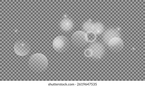Bokeh circles on transparent background. White shining dust, flare sparkles and bokeh lights. Vector illustration
