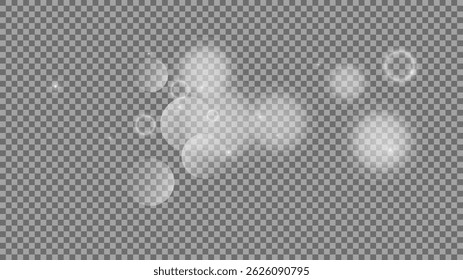 Bokeh circles on transparent background. White shining dust, flare sparkles and bokeh lights. Vector illustration
