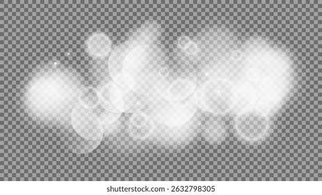 Bokeh circles on transparent background. White shining dust, flare sparkles and bokeh lights. Vector illustration