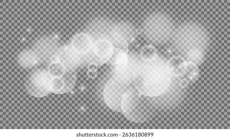 Bokeh circles on transparent background. White shining dust, flare sparkles and bokeh lights. Vector illustration