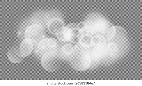 Bokeh circles on transparent background. White shining dust, flare sparkles and bokeh lights. Vector illustration