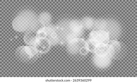 Bokeh circles on transparent background. White shining dust, flare sparkles and bokeh lights. Vector illustration