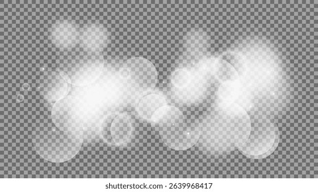 Bokeh circles on transparent background. White shining dust, flare sparkles and bokeh lights. Vector illustration