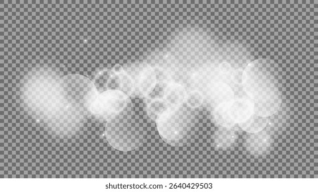 Bokeh circles on transparent background. White shining dust, flare sparkles and bokeh lights. Vector illustration