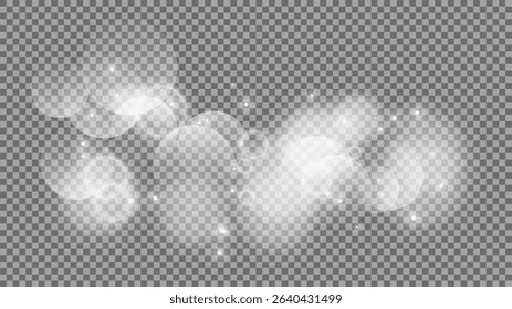 Bokeh circles on transparent background. White shining dust, flare sparkles and bokeh lights. Vector illustration